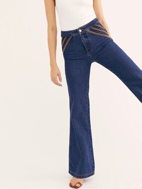 Free People Over The Rainbow Embroidered Flared Jeans Wide Leg Boho Hippie